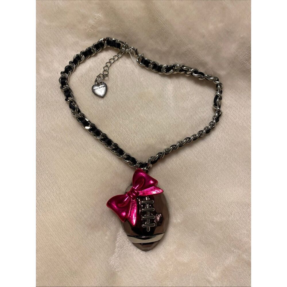 Betsey Johnson Football Pendant Necklace with Pink Bow Charm Silver NWOT
